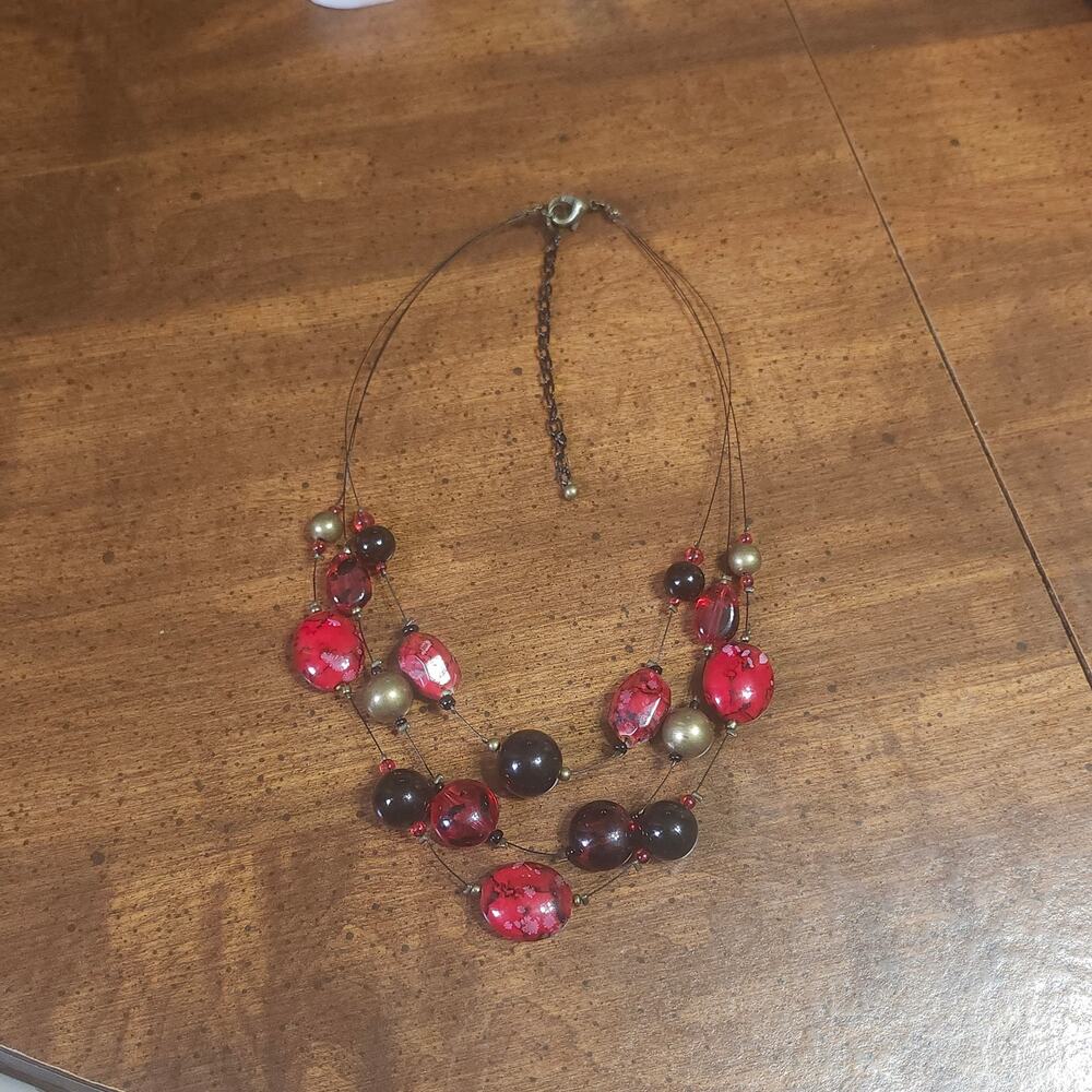 Red Black Floral Acrylic Bead Illusion Necklace Multi Strand Gold Faux Pearl